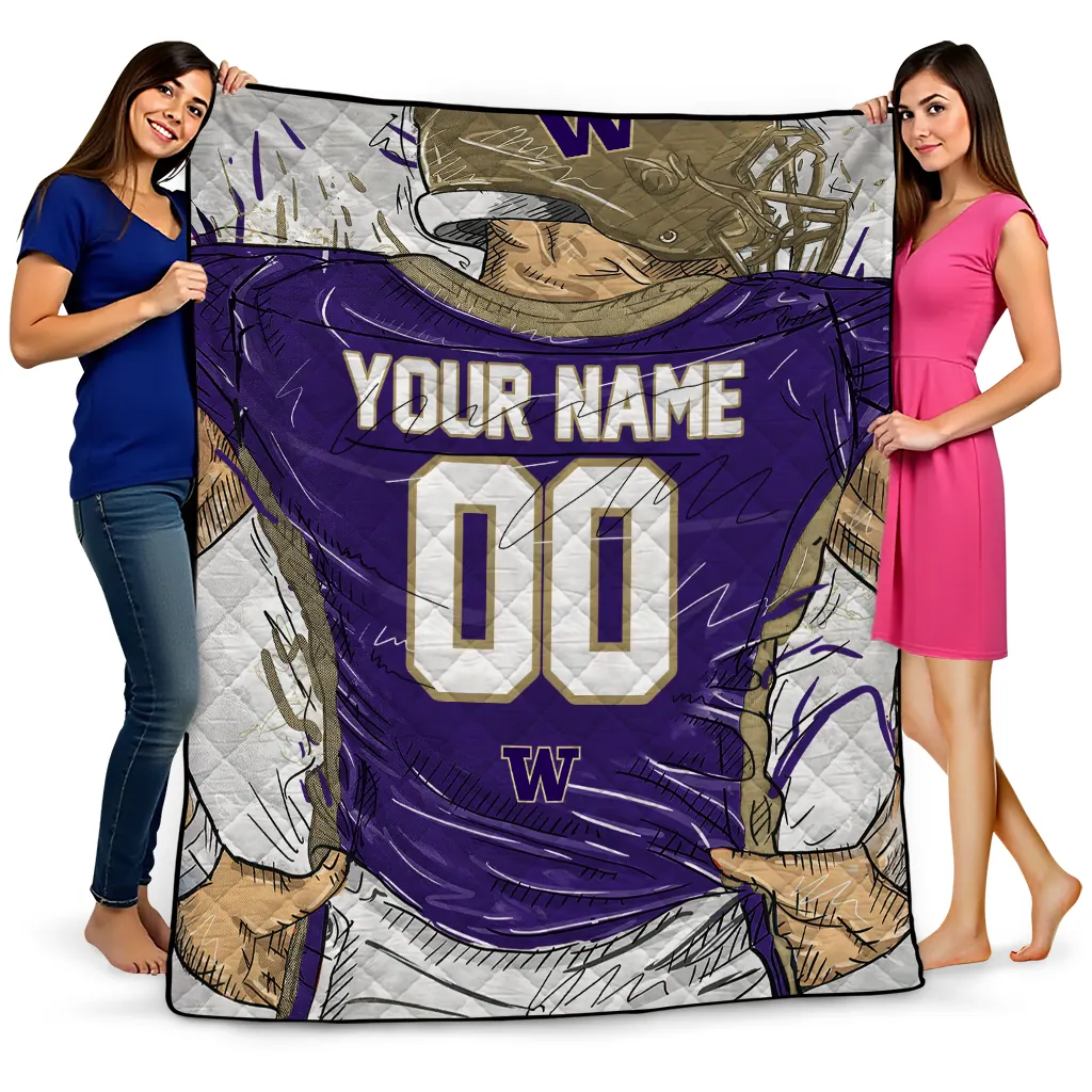 custom washington huskies player sketch purple gray quilt blanket best selling