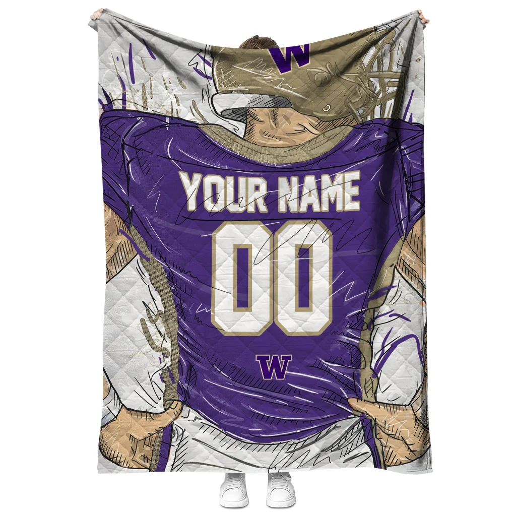 custom washington huskies player sketch purple gray quilt blanket fashion forward