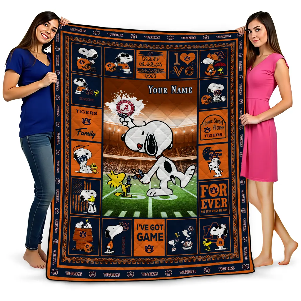 customized auburn tigers snoopy coach navy blue quilt blanket best selling customized auburn tigers snoopy coach navy blue quilt blanket best selling