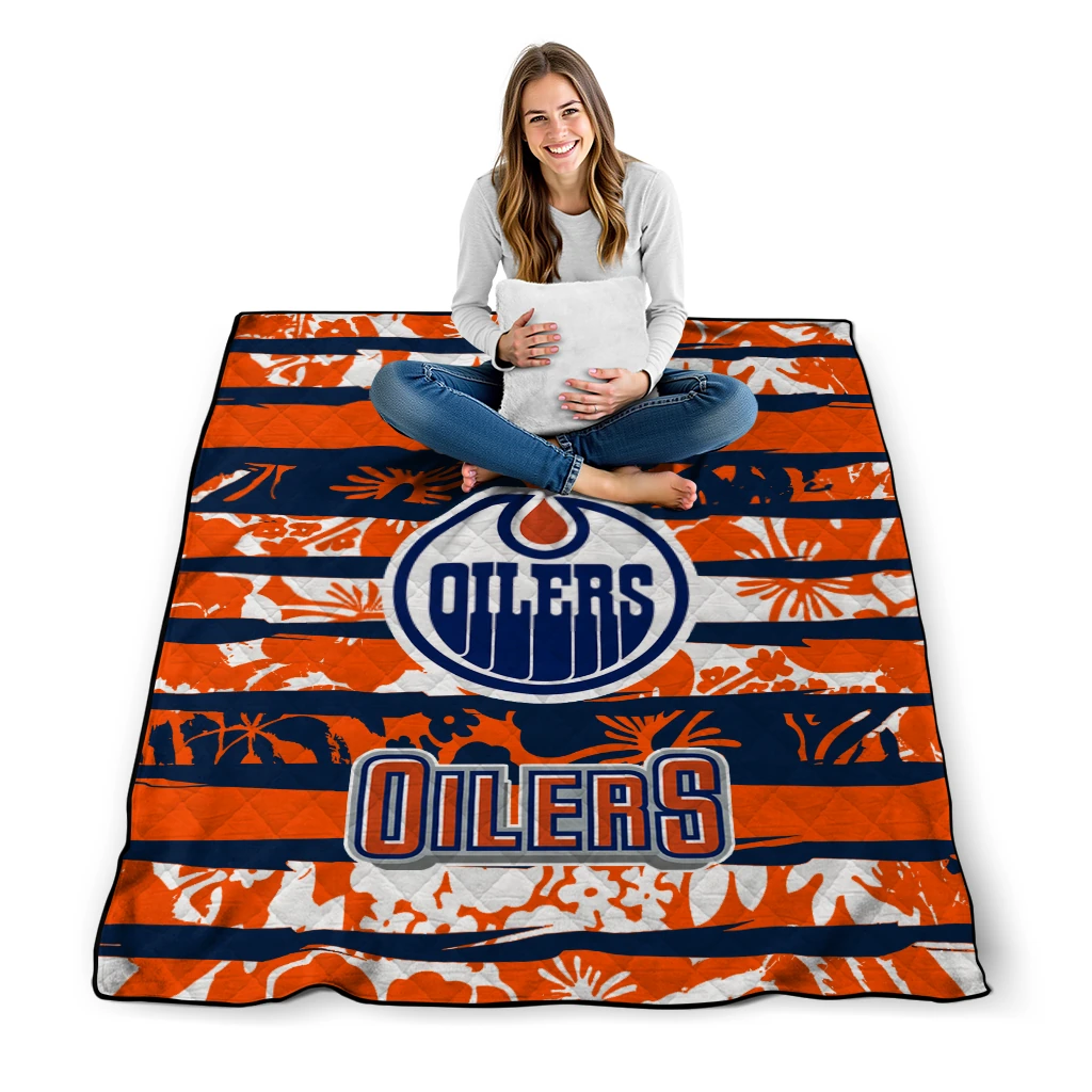 customized edmonton oilers layered florals blue white quilt blanket high quality customized edmonton oilers layered florals blue white quilt blanket high quality