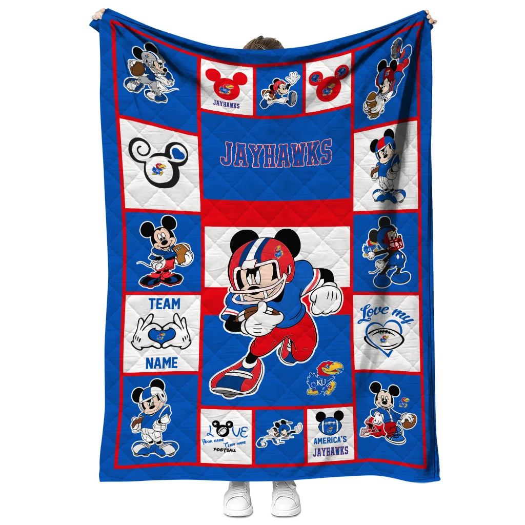 customized kansas jayhawks mickey crimson blue white quilt blanket fashion forward