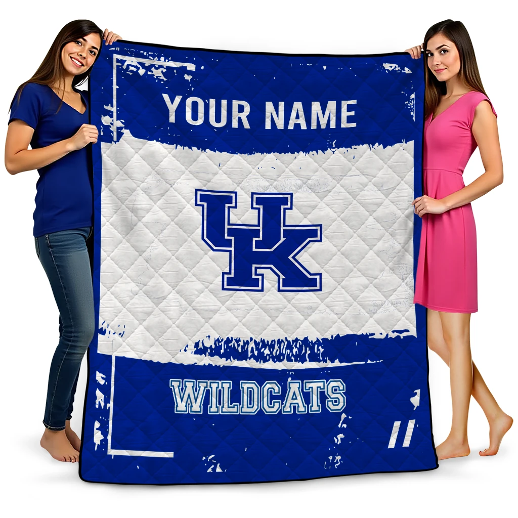 customized kentucky wildcats grunge patch blue white quilt blanket best selling