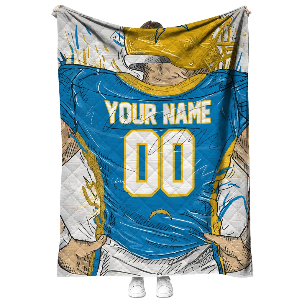 customized los angeles chargers player sketch blue gray quilt blanket fashion forward