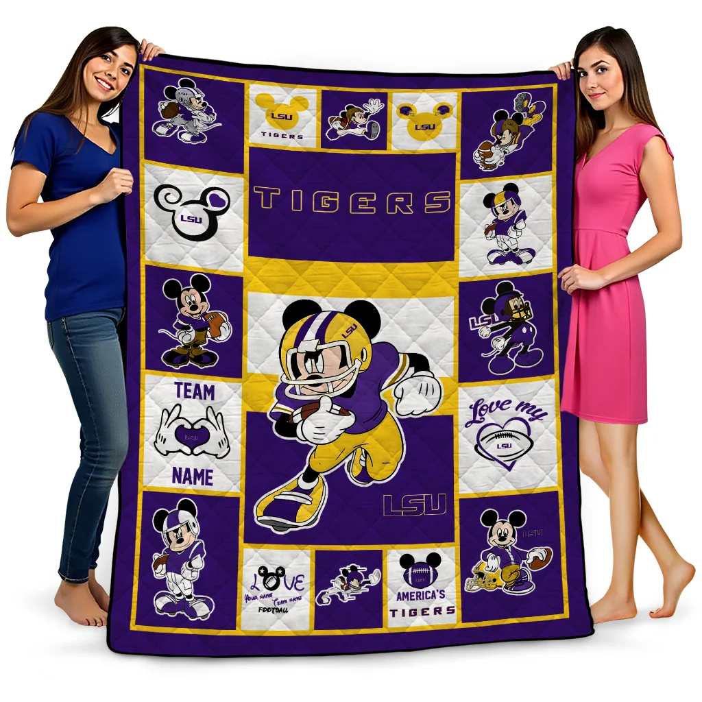 customized lsu tigers mickey crimson purple white quilt blanket best selling