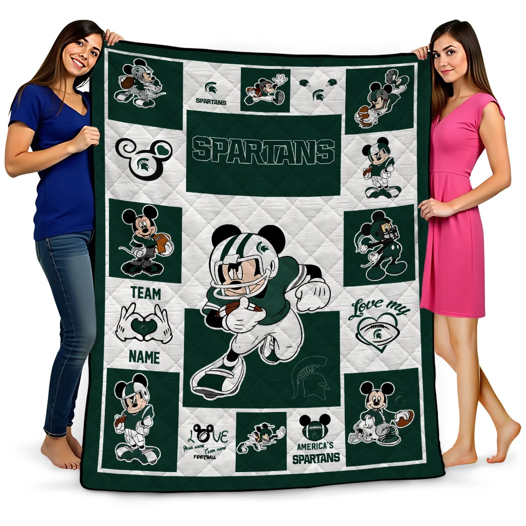 customized michigan state spartans mickey crimson green white quilt blanket best selling