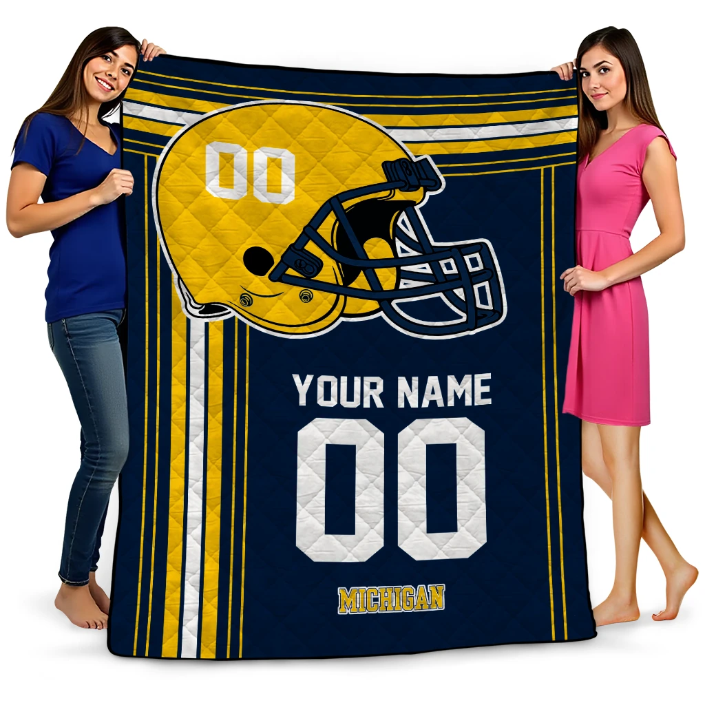 customized michigan wolverines helmet theme blue quilt blanket best selling