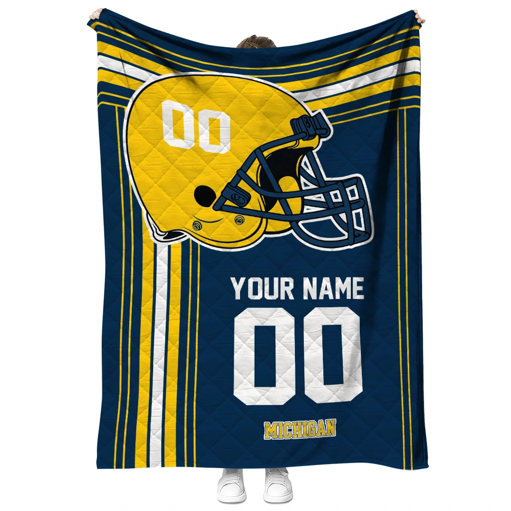 customized michigan wolverines helmet theme blue quilt blanket fashion forward