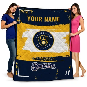 customized milwaukee brewers grunge patch navy blue white quilt blanket best selling