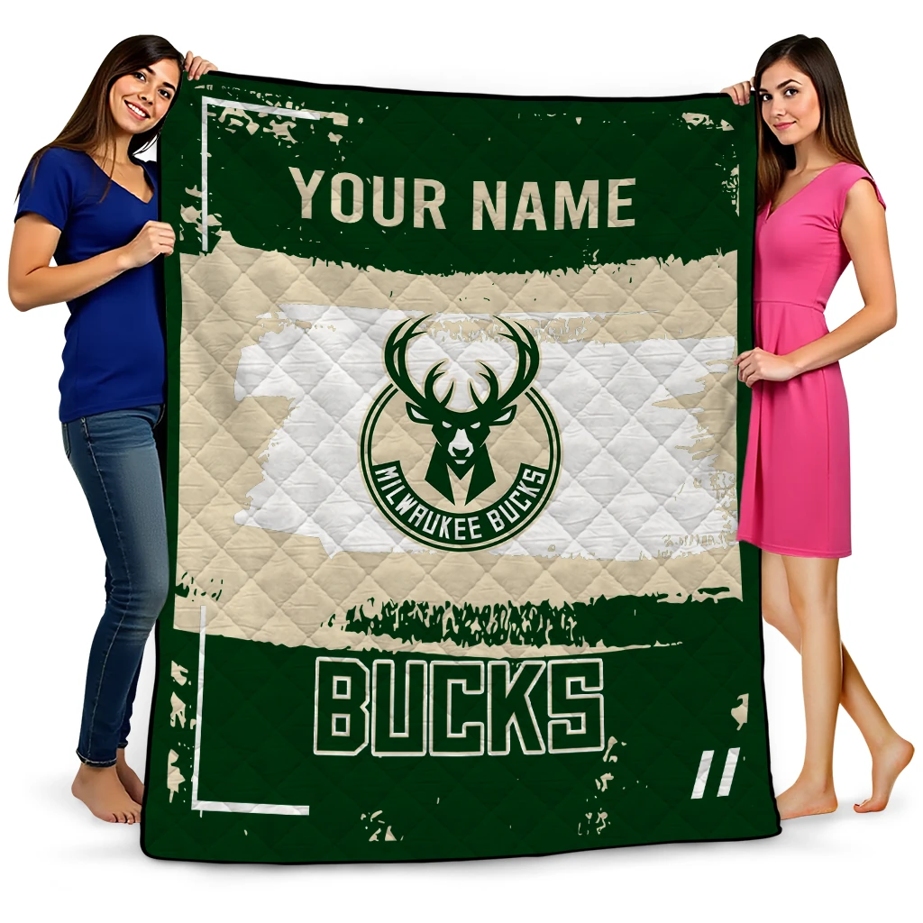 customized milwaukee bucks grunge patch green white quilt blanket best selling