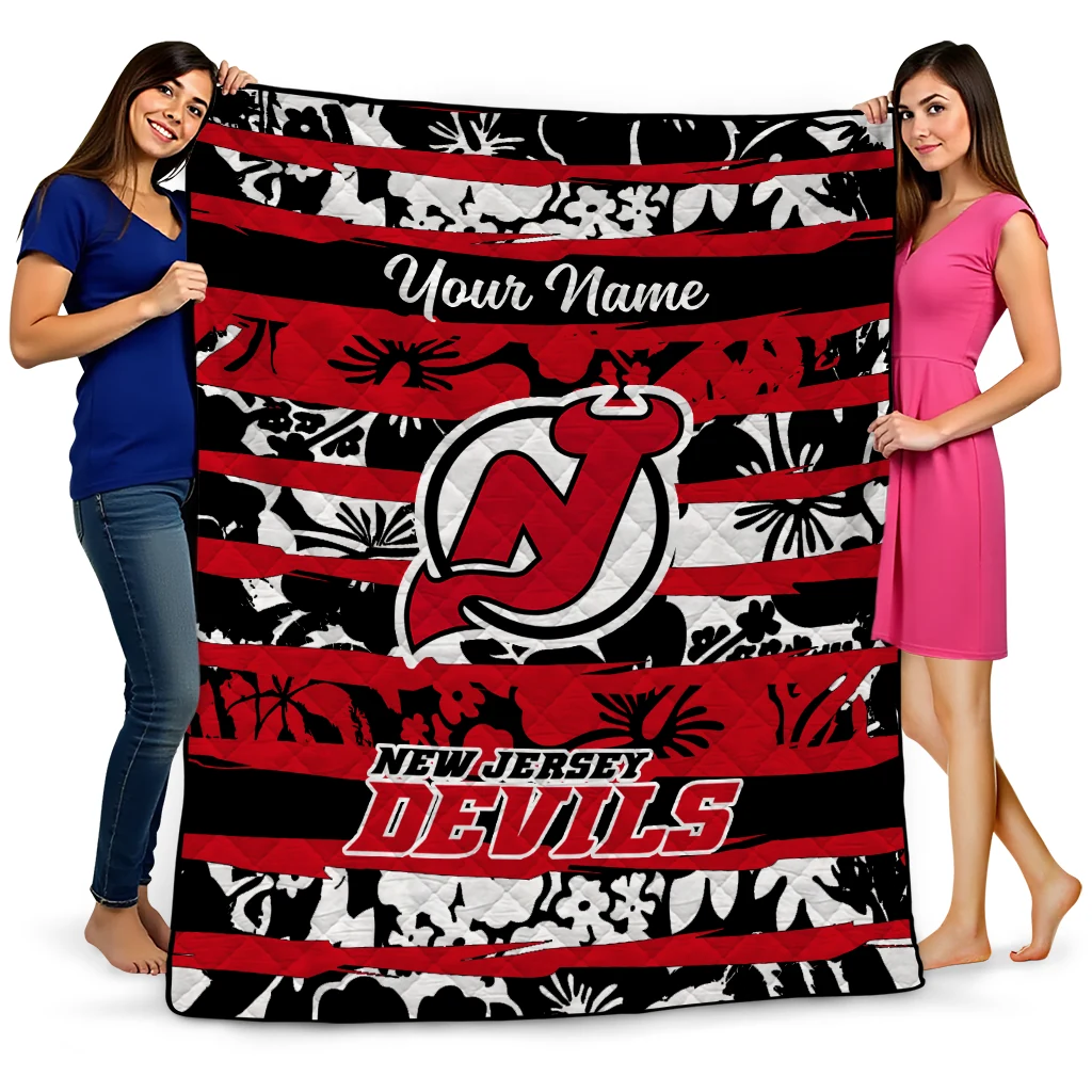 customized new jersey devils layered florals red white quilt blanket best selling