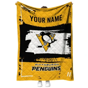 customized pittsburgh penguins grunge patch yellow white quilt blanket fashion forward