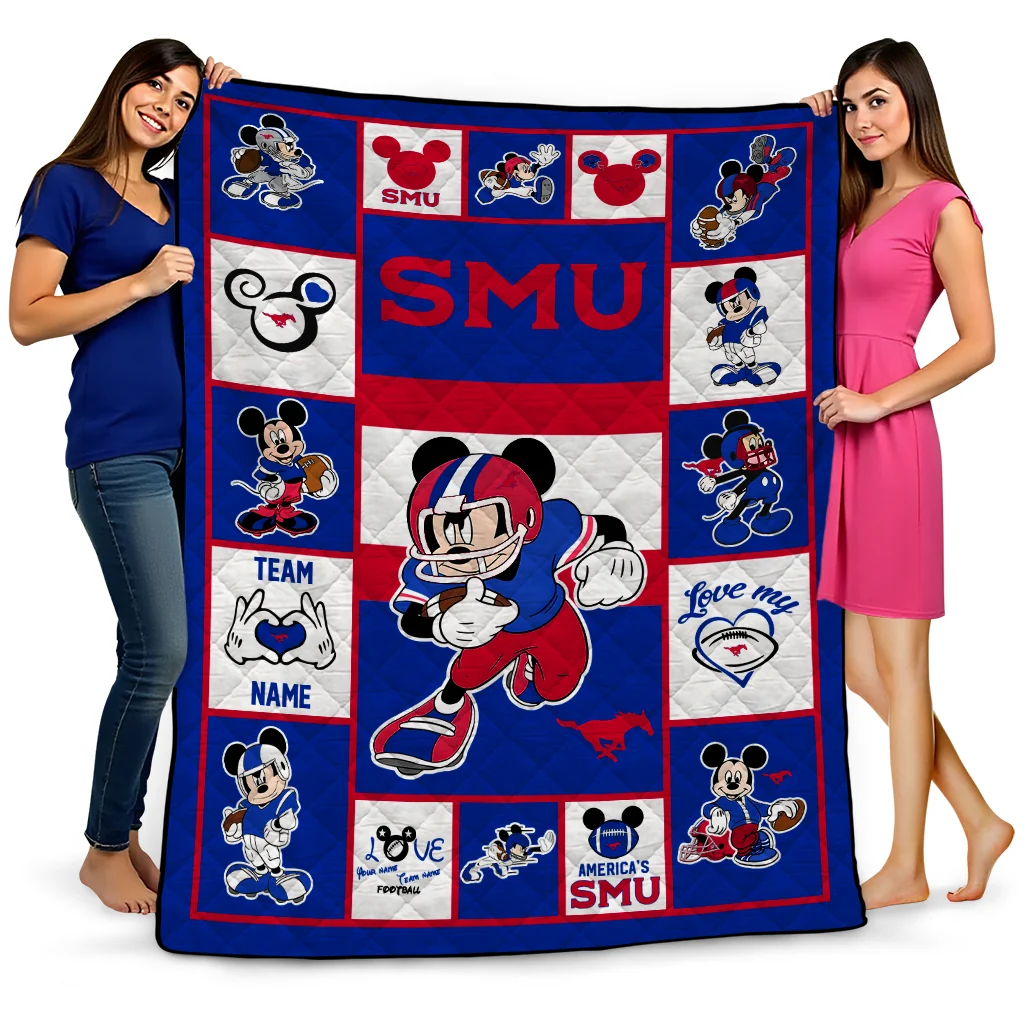 customized smu mustangs mickey crimson blue white quilt blanket best selling