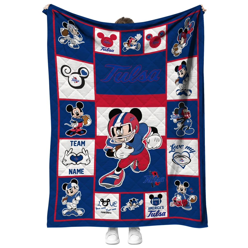 customized tulsa golden hurricane mickey crimson blue white quilt blanket fashion forward