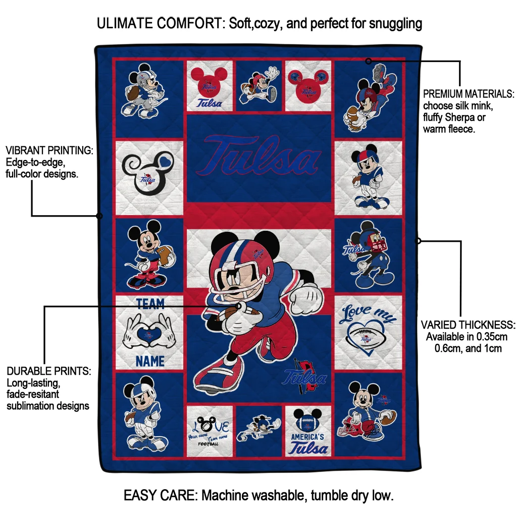 customized tulsa golden hurricane mickey crimson blue white quilt blanket latest model customized tulsa golden hurricane mickey crimson blue white quilt blanket latest model
