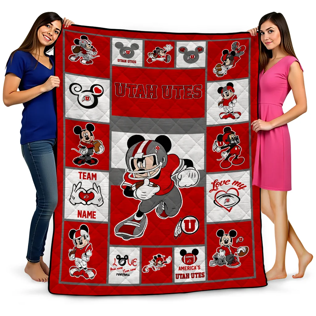 customized utah utes mickey crimson red white quilt blanket best selling
