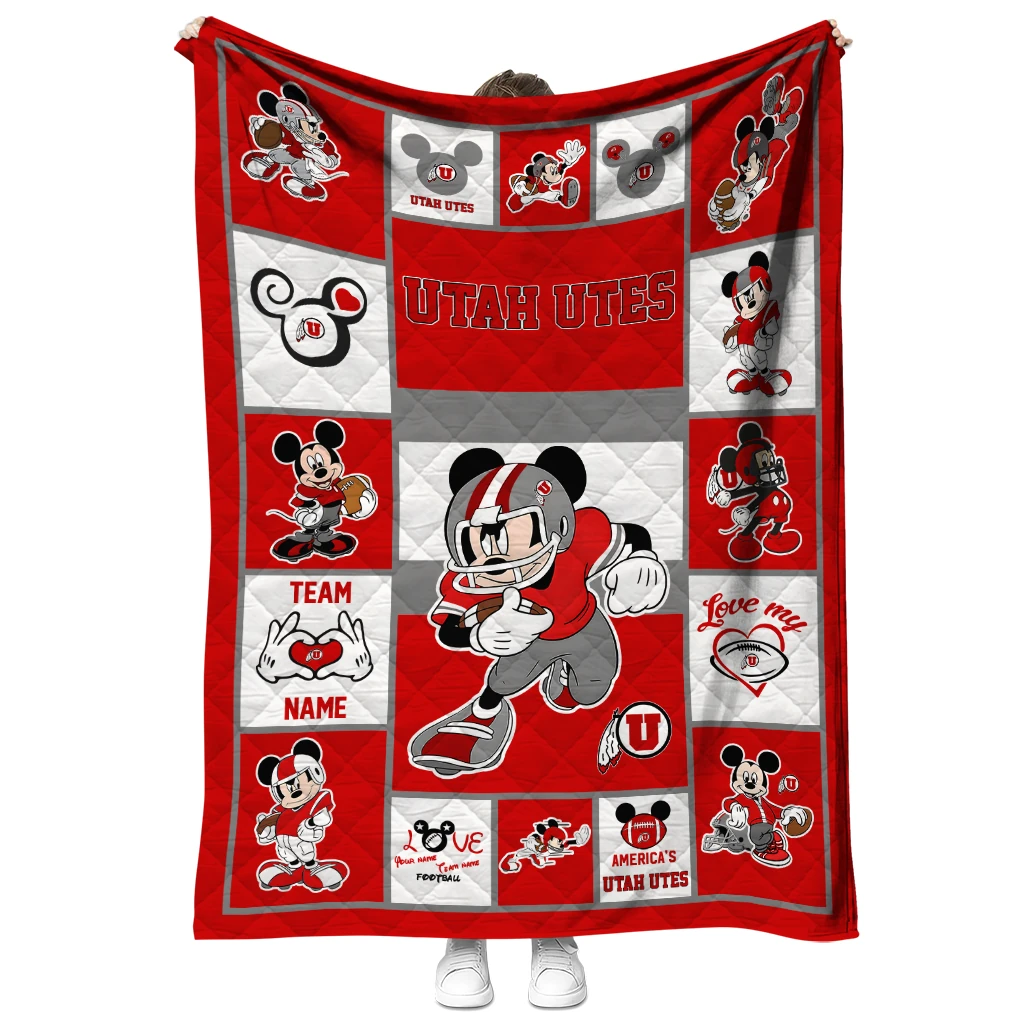 customized utah utes mickey crimson red white quilt blanket fashion forward