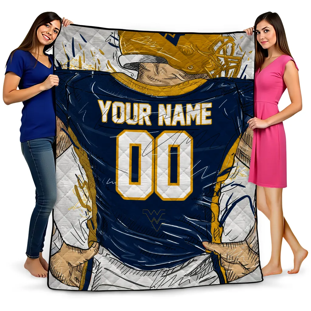 customized west virginia mountaineers player sketch blue gray quilt blanket best selling customized west virginia mountaineers player sketch blue gray quilt blanket best selling