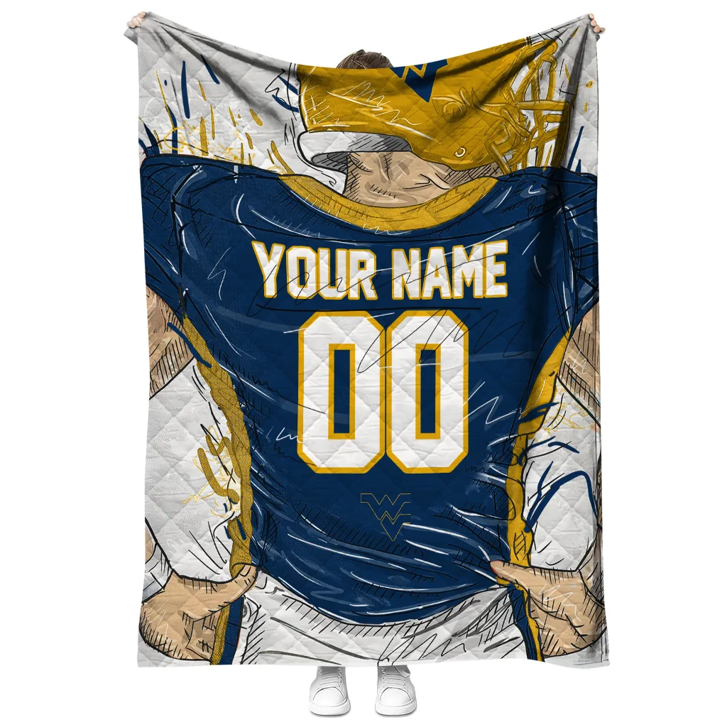 customized west virginia mountaineers player sketch blue gray quilt blanket fashion forward customized west virginia mountaineers player sketch blue gray quilt blanket fashion forward
