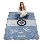 customized winnipeg jets pinstripe lines blue white quilt blanket best selling