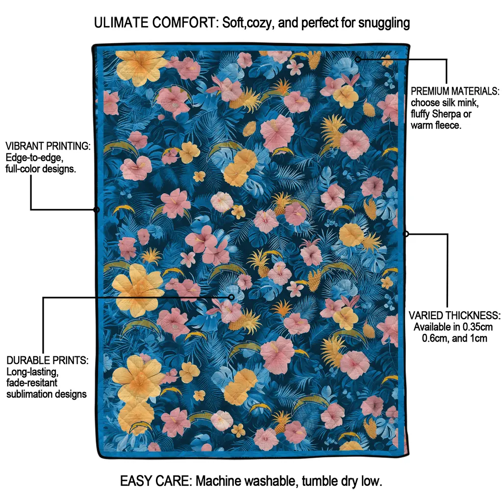 los angeles chargers hibiscus foliage blue quilt blanket latest model los angeles chargers hibiscus foliage blue quilt blanket latest model