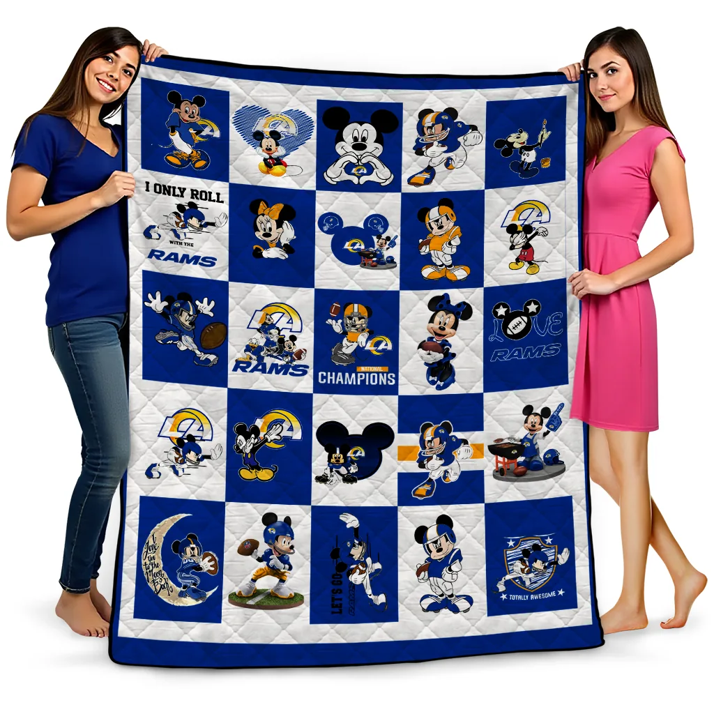 los angeles rams mickey pattern blue white quilt blanket best selling