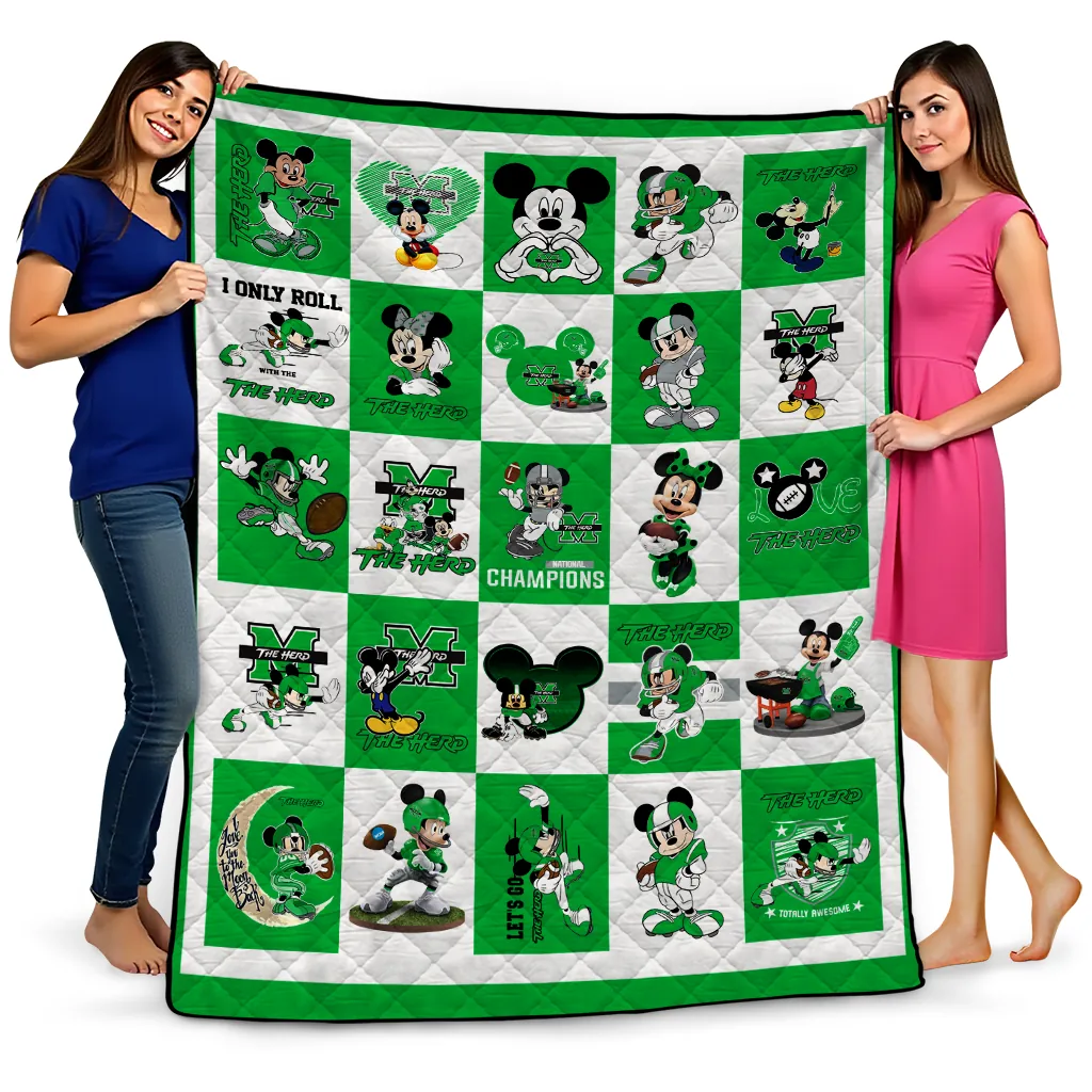 marshall thundering herd mickey mouse motif green white quilt blanket best selling