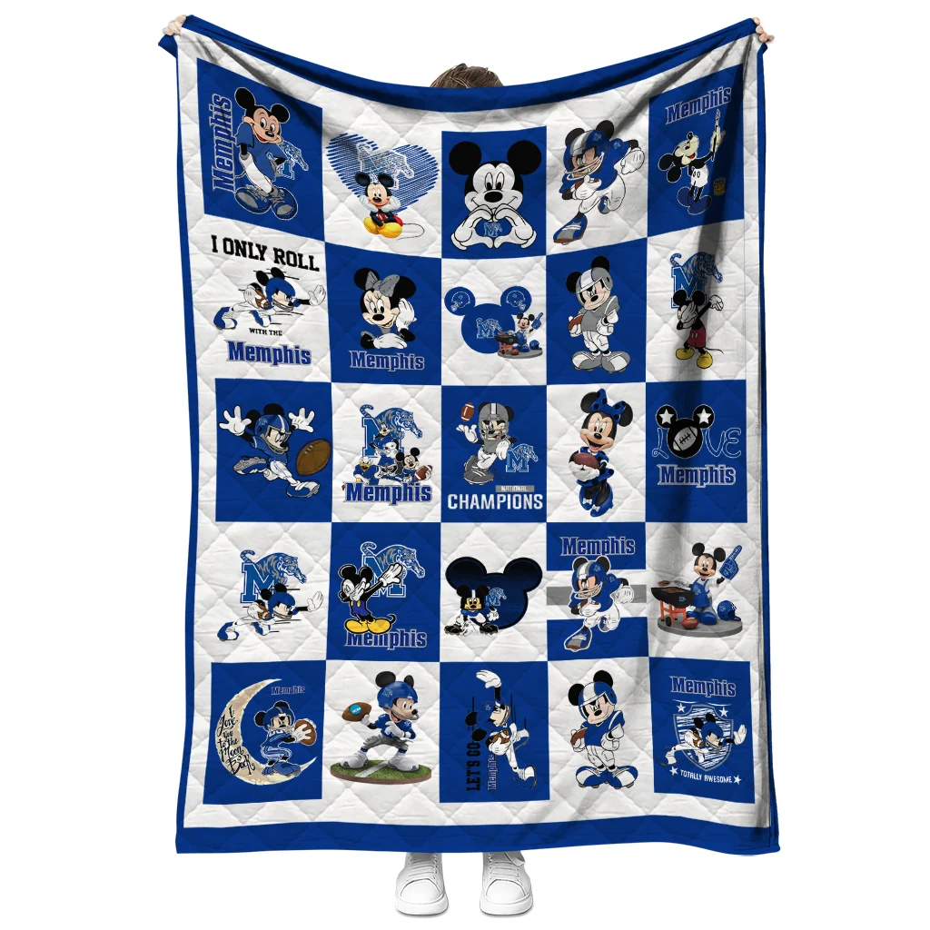 memphis tigers mickey mouse motif blue white quilt blanket fashion forward