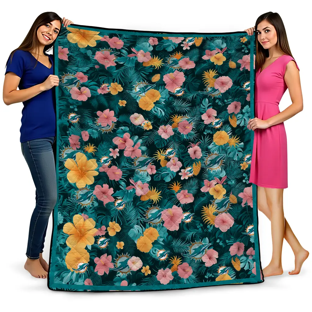 miami dolphins hibiscus foliage aqua quilt blanket best selling