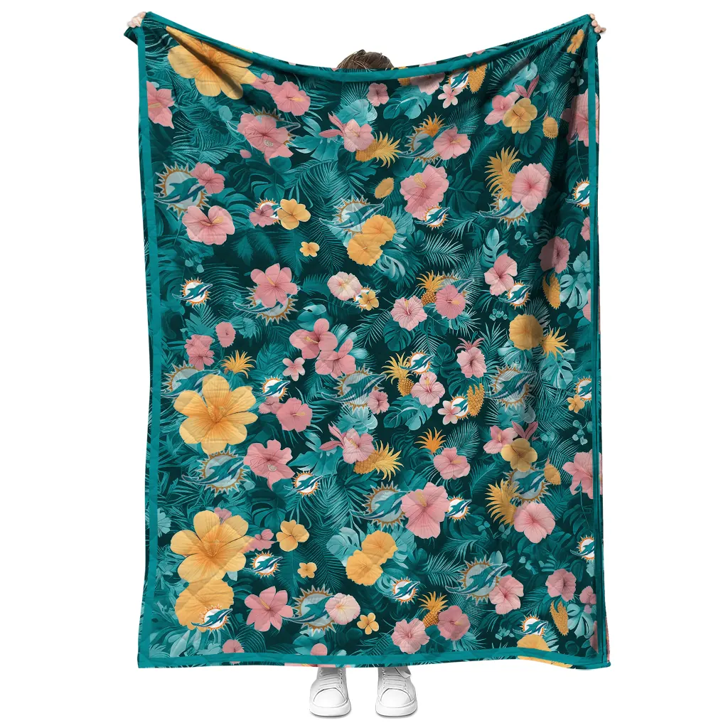 miami dolphins hibiscus foliage aqua quilt blanket fashion forward