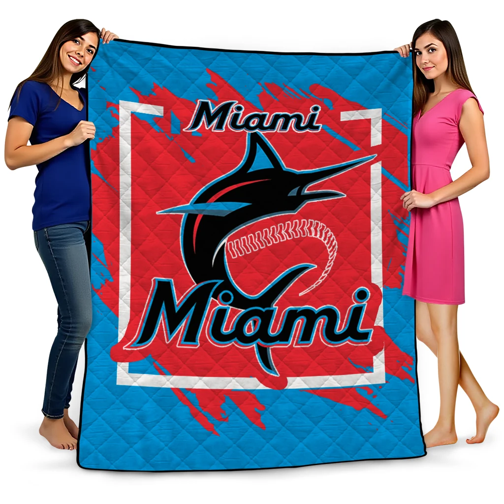 miami marlins block border blue quilt blanket best selling