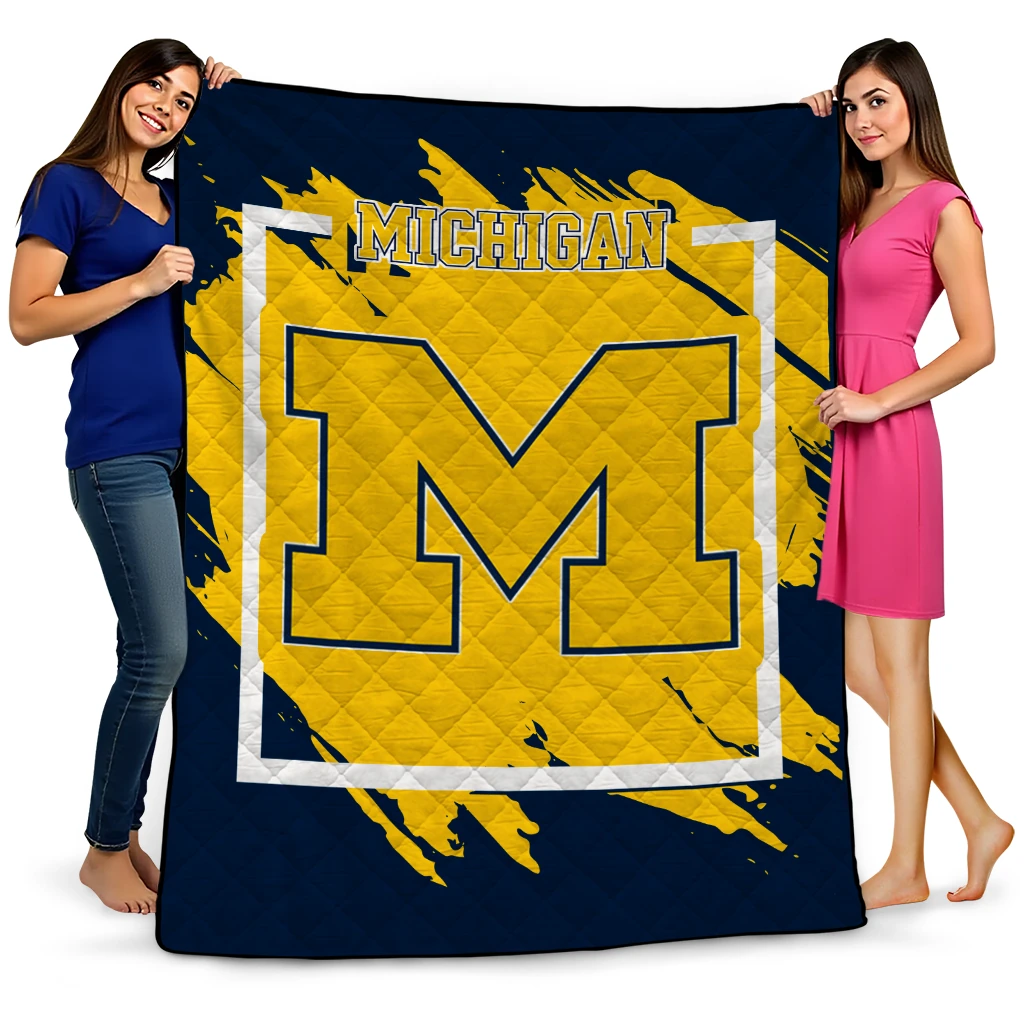 michigan wolverines block border blue quilt blanket best selling