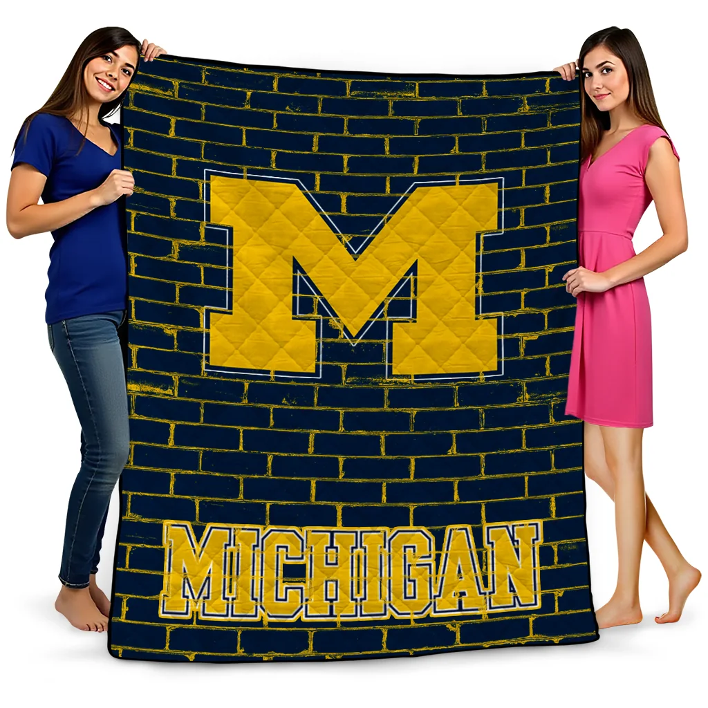 michigan wolverines brick grid blue quilt blanket best selling