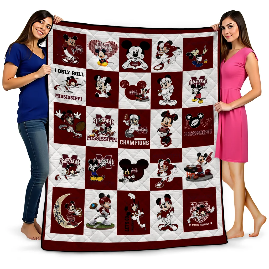 mississippi state bulldogs mickey mouse motif maroon white quilt blanket best selling