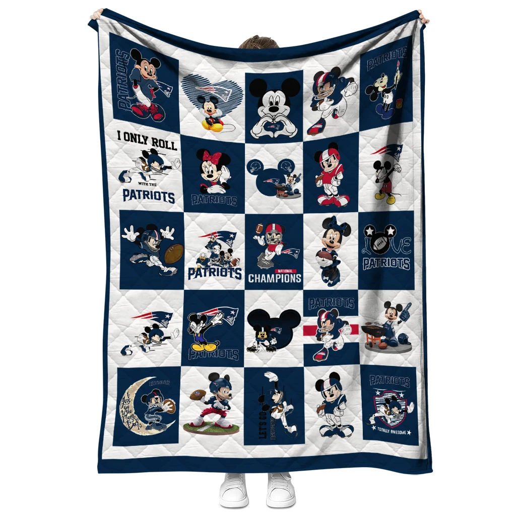 new england patriots mickey pattern blue white quilt blanket fashion forward