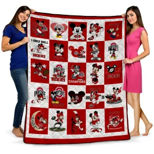 ohio state buckeyes mickey mouse motif scarlet white quilt blanket best selling