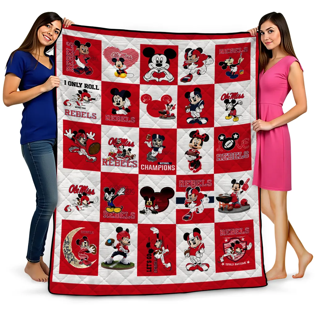 ole miss rebels mickey mouse motif red white quilt blanket best selling