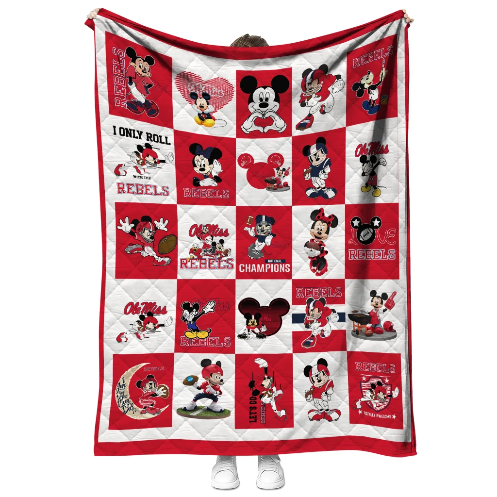 ole miss rebels mickey mouse motif red white quilt blanket fashion forward