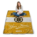 personalized boston bruins pinstripe lines gold white quilt blanket best selling