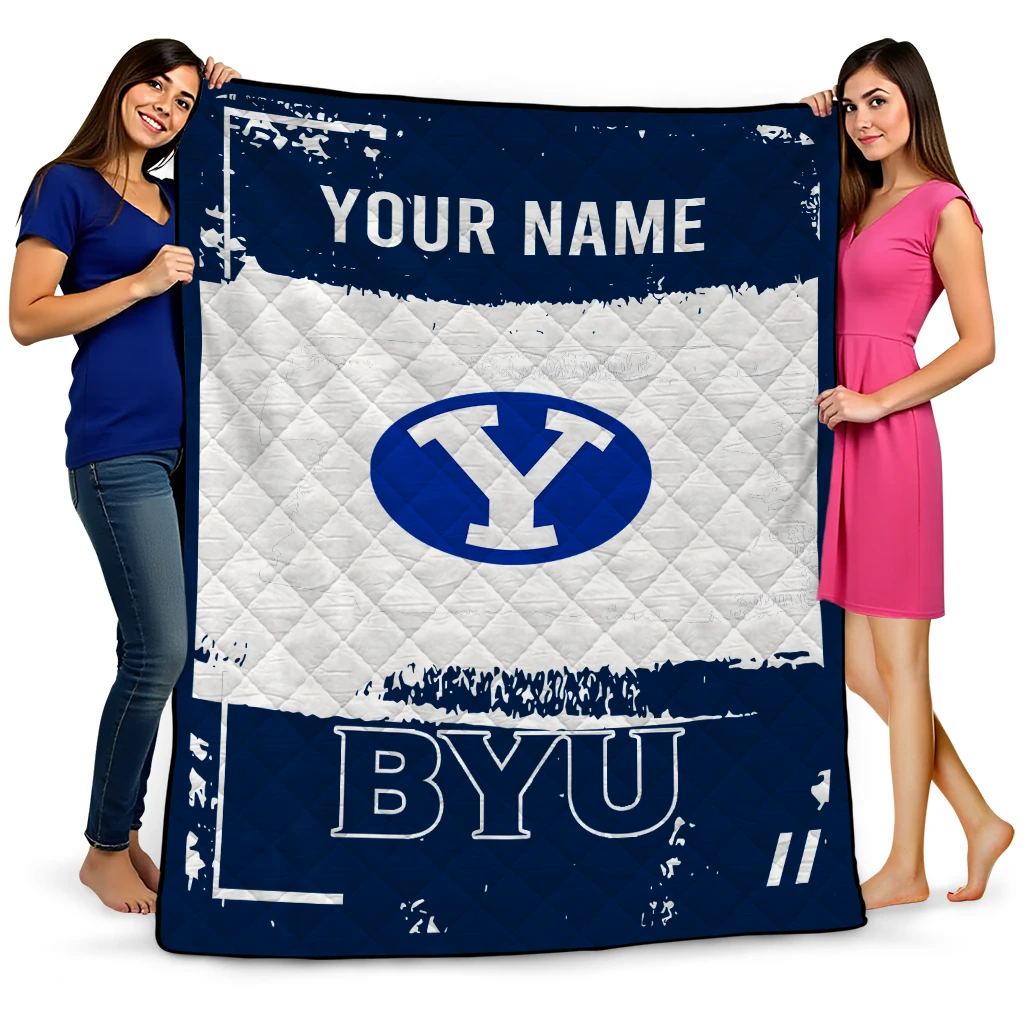 personalized byu cougars grunge patch blue white quilt blanket best selling