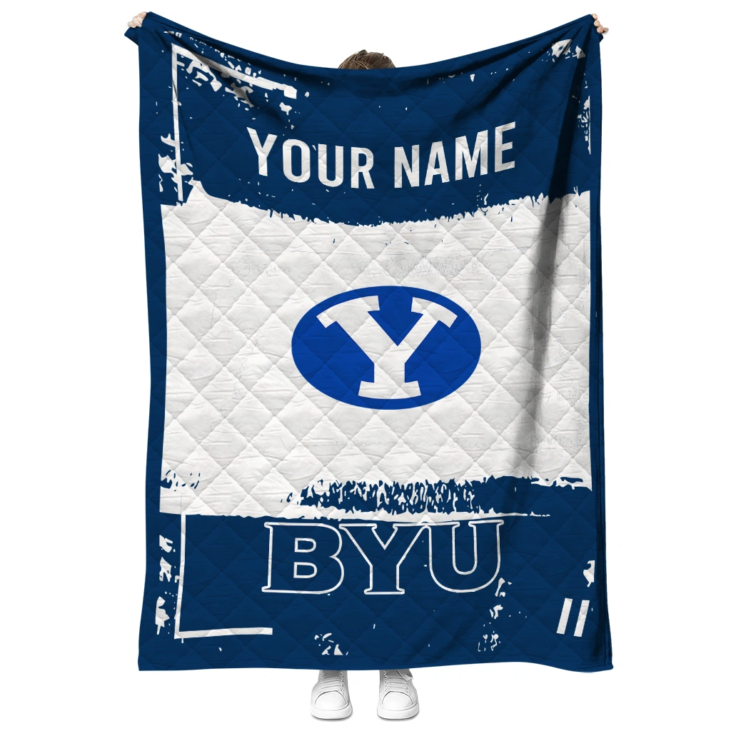 personalized byu cougars grunge patch blue white quilt blanket fashion forward