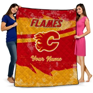 personalized calgary flames brushstroke layers red quilt blanket best selling