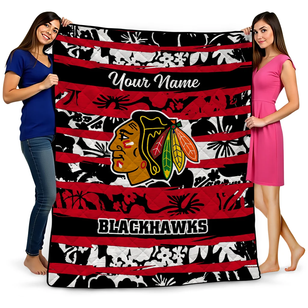 personalized chicago blackhawks layered florals red white quilt blanket best selling