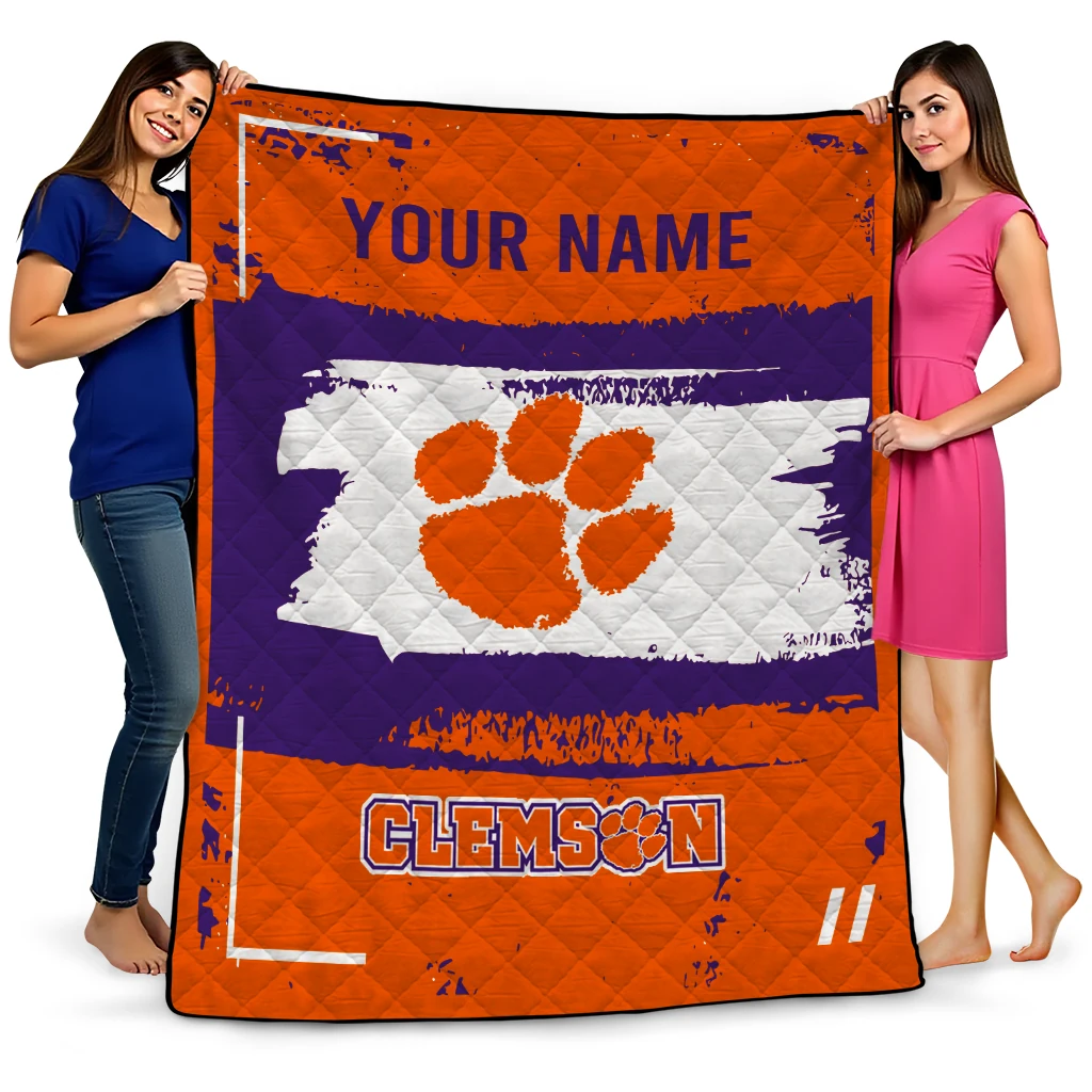 personalized clemson tigers grunge patch orange white quilt blanket best selling