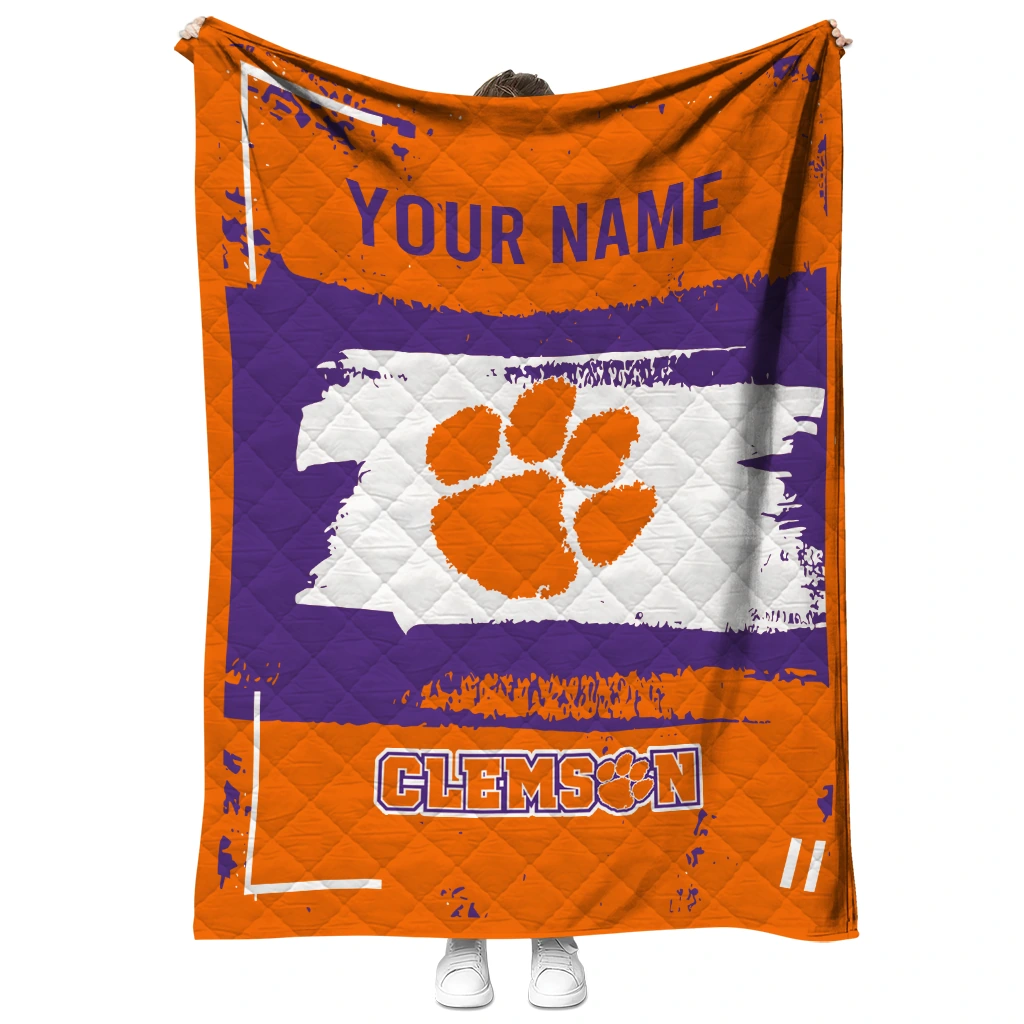 personalized clemson tigers grunge patch orange white quilt blanket fashion forward