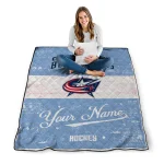 personalized columbus blue jackets pinstripe lines navy blue white quilt blanket best selling