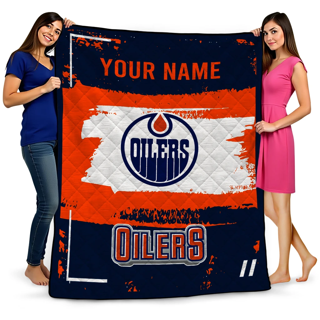 personalized edmonton oilers grunge patch blue white quilt blanket best selling