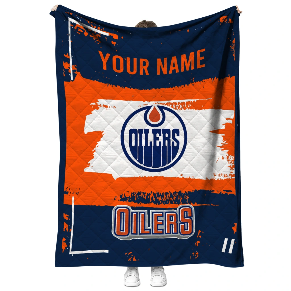 personalized edmonton oilers grunge patch blue white quilt blanket fashion forward