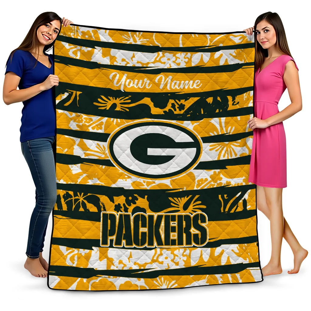 personalized green bay packers layered florals green white quilt blanket best selling