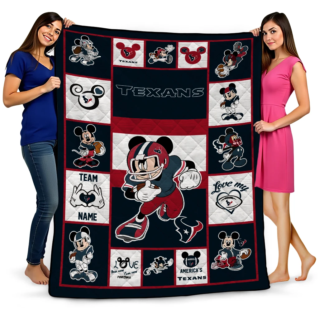 personalized houston texans mickey crimson blue white quilt blanket best selling