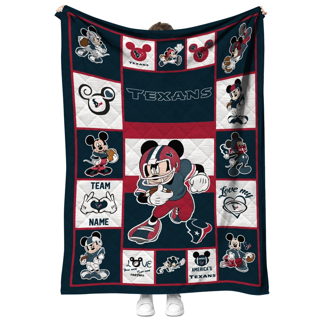 personalized houston texans mickey crimson blue white quilt blanket fashion forward